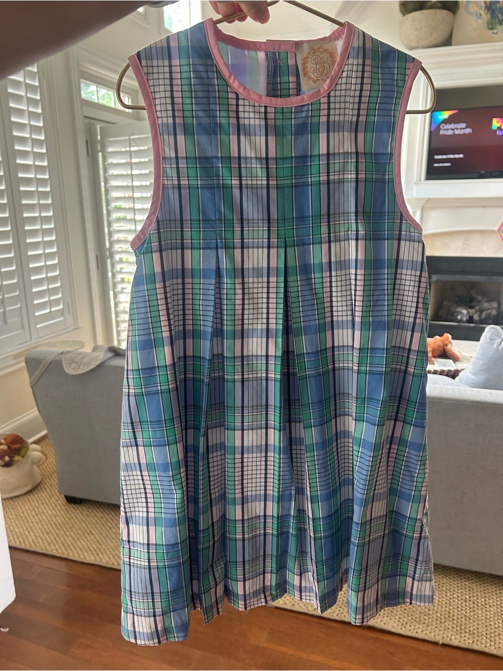 Sleeveless Plaid Shift Dress in Blue, Green & Pink